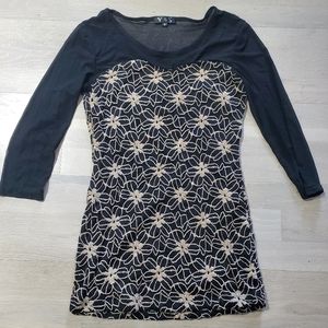 3/4 Sleeve Black Sheer Cream Floral Print Textured Top